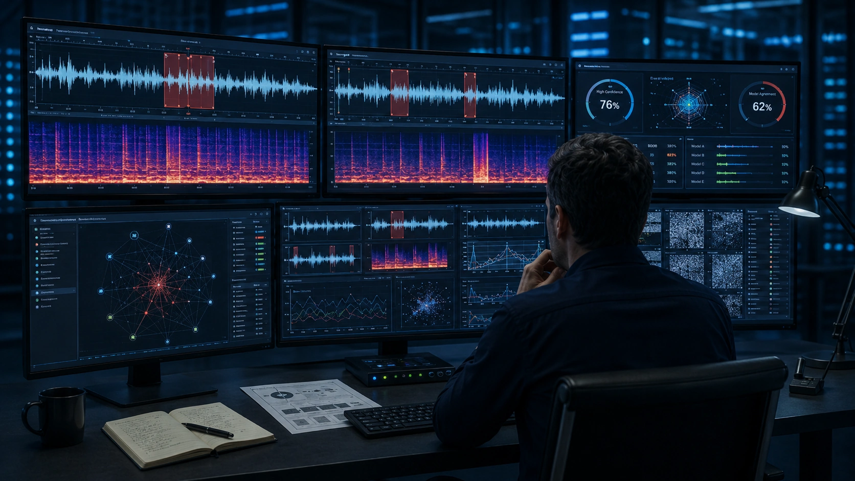 Forensic audio analysis interface showing a voice recording, suspicious timestamps, spectrogram patterns, and confidence indicators for deepfake review.