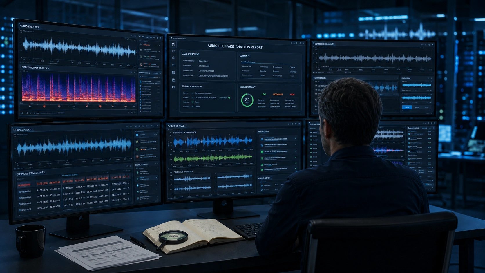 Digital forensic team reviewing an audio deepfake analysis report with waveform evidence, suspicious timestamps, technical findings, and case context.