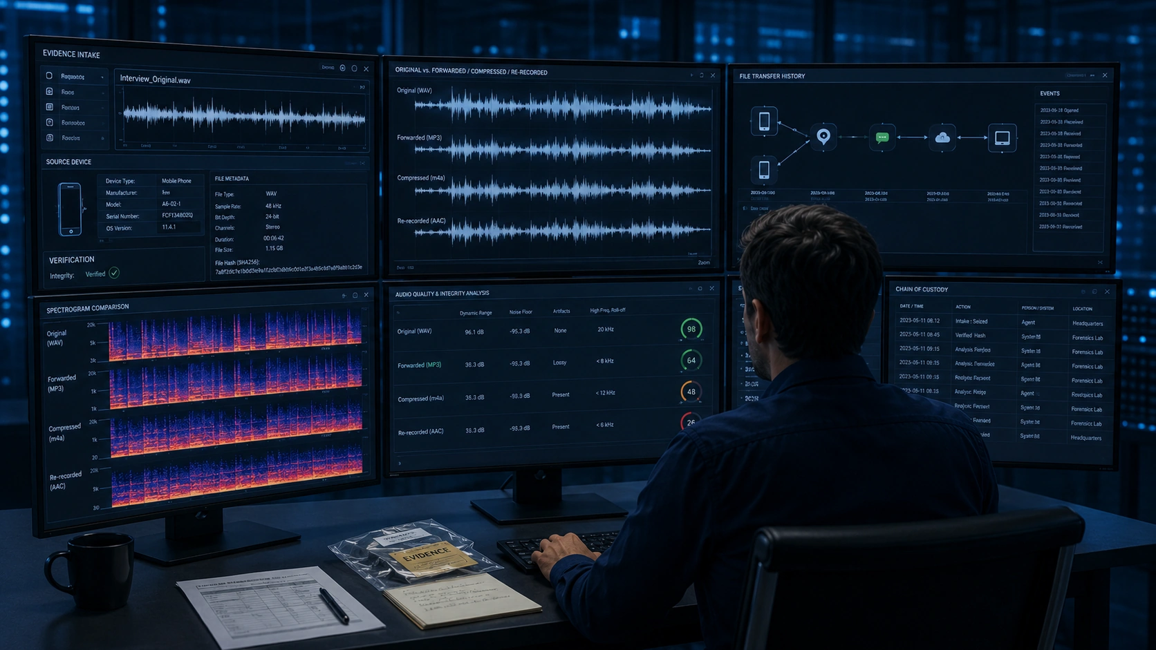 Investigator reviewing original and compressed audio recordings with waveform and spectrogram comparisons during deepfake audio verification.