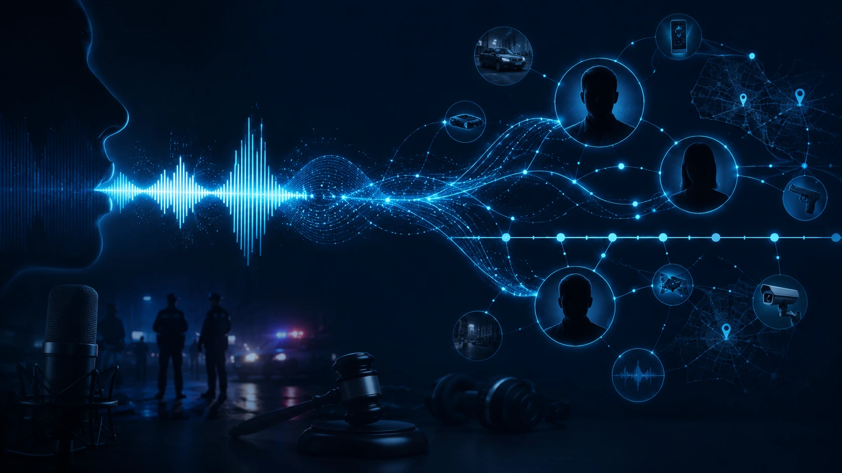 Audio intelligence platform dashboard showing voice waveform analysis and speaker identification for law enforcement.