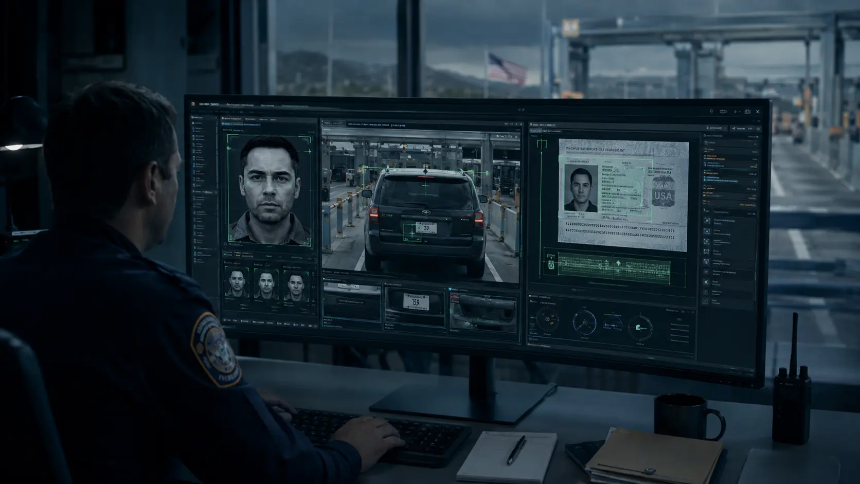 Border security analyst verifying a facial image, vehicle footage, and identity document for possible digital manipulation.