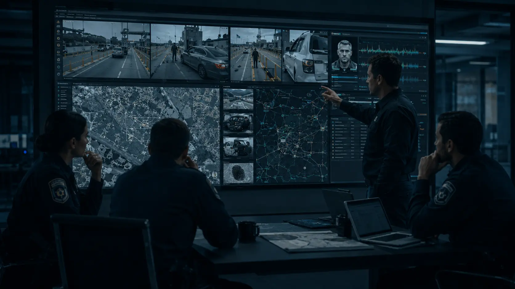 Border security investigation team comparing surveillance footage, audio indicators, maps, and operational records during a media-verification review.