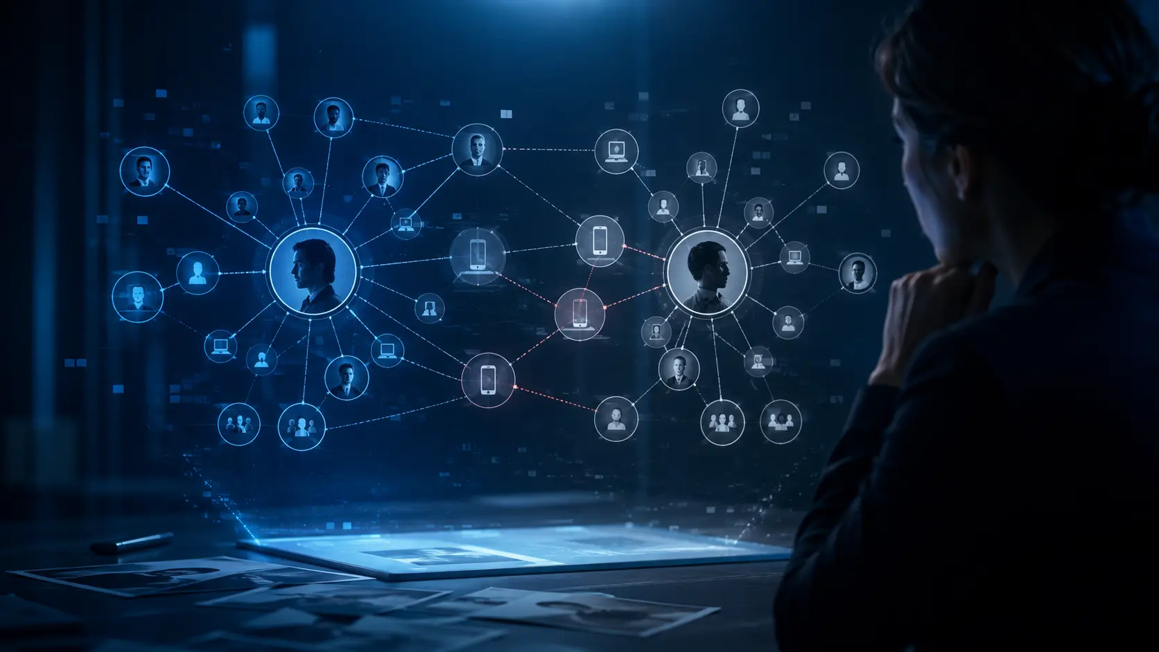 Investigator comparing two identity networks to identify shared devices, contacts, accounts, and possible connections across separate cases.