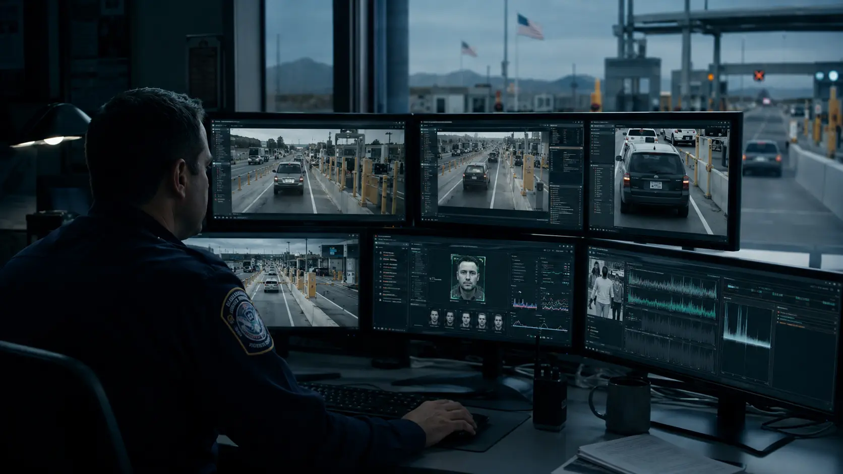 Border security analyst reviewing surveillance footage, facial indicators, and audio signals for suspected deepfake manipulation.