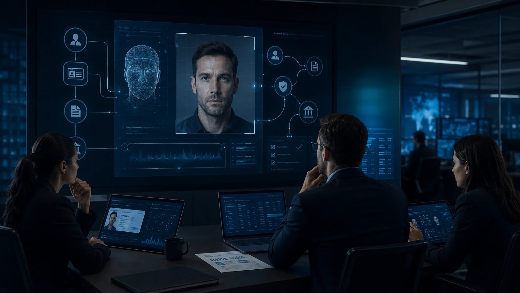 Compliance analysts reviewing digital identity media for deepfake indicators during customer due diligence