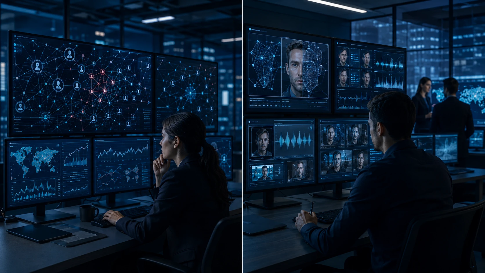 Financial crime investigators analysing suspicious identities, account networks and deepfake media during an AML investigation