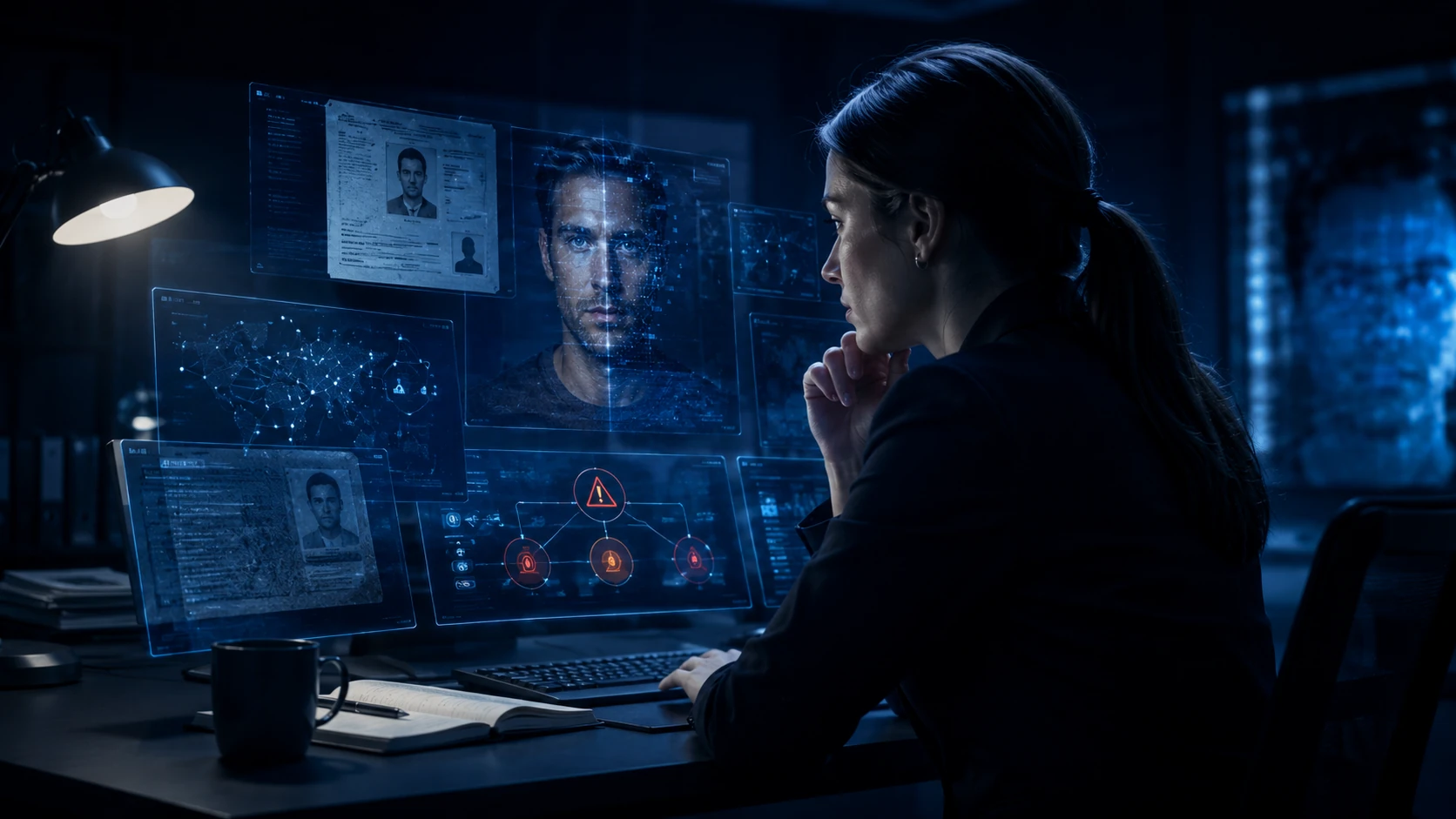 Fraud analyst reviewing suspicious identity media after a deepfake detection alert is escalated for investigation