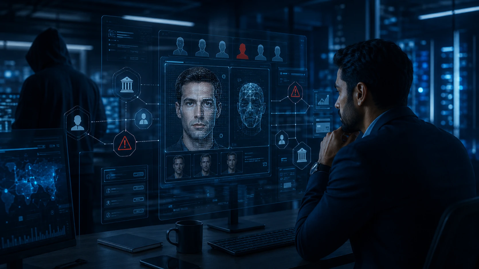 Analyst examining suspected synthetic identity and manipulated digital media linked to financial crime risk