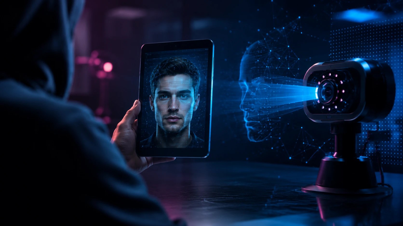 Deepfake presentation attack showing synthetic facial media presented to a camera for digital identity verification