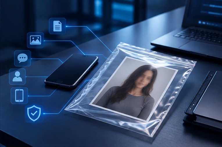 Digital evidence preservation workflow showing a suspicious image, message thread, device details, and file hash in a deepfake sextortion case.