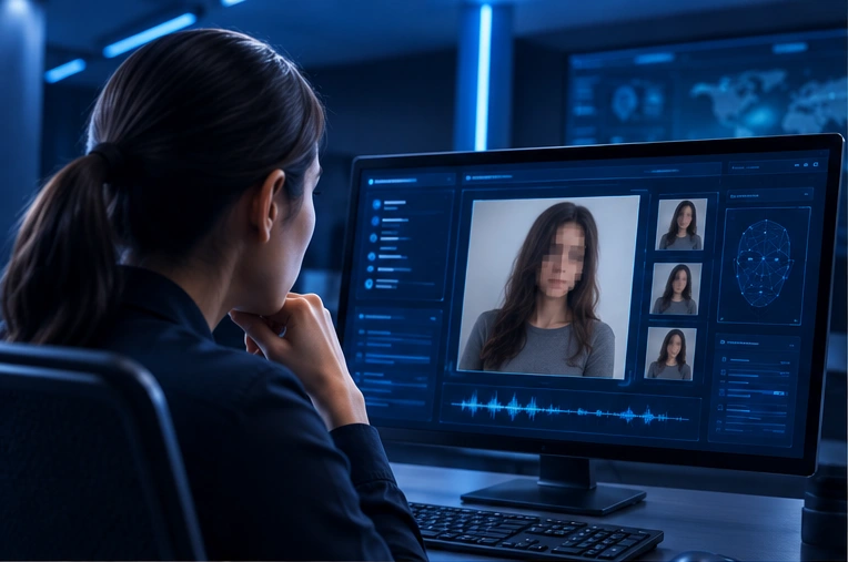 Cybercrime investigator reviewing suspected manipulated image evidence and threat messages during a deepfake sextortion investigation.