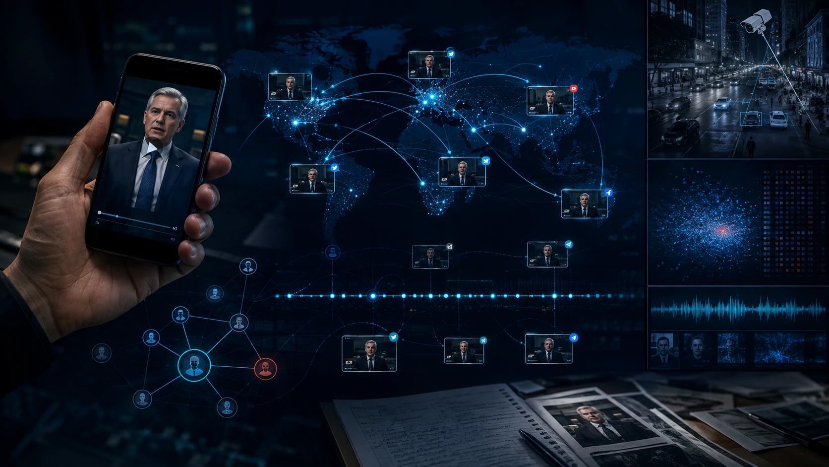 Deepfake threat attribution investigation tracing suspicious executive media across accounts, sources, and distribution networks.