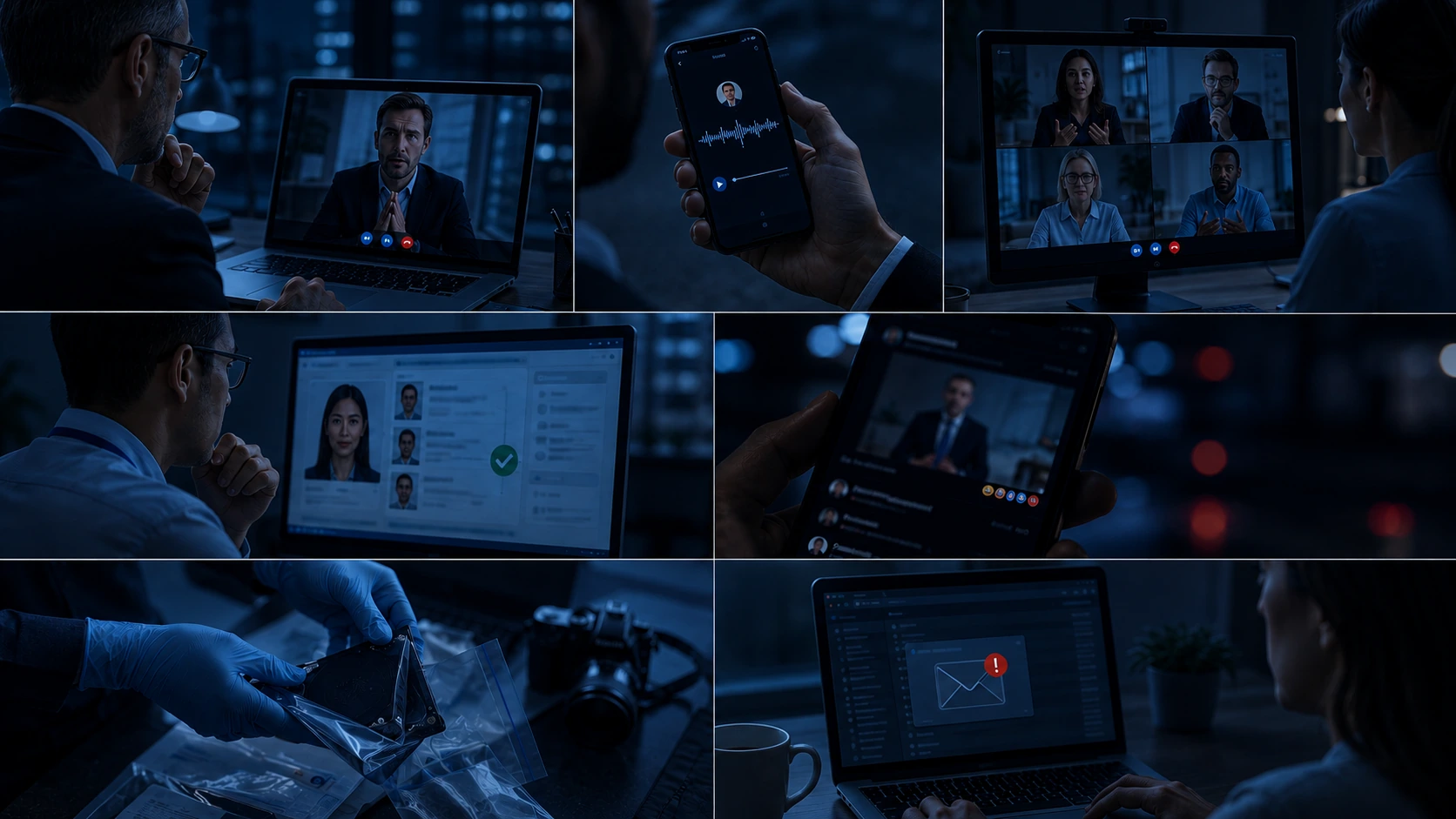 Enterprise deepfake verification scenarios involving executive requests, voice messages, video meetings, identity media, public content, investigations, and untrusted sources.