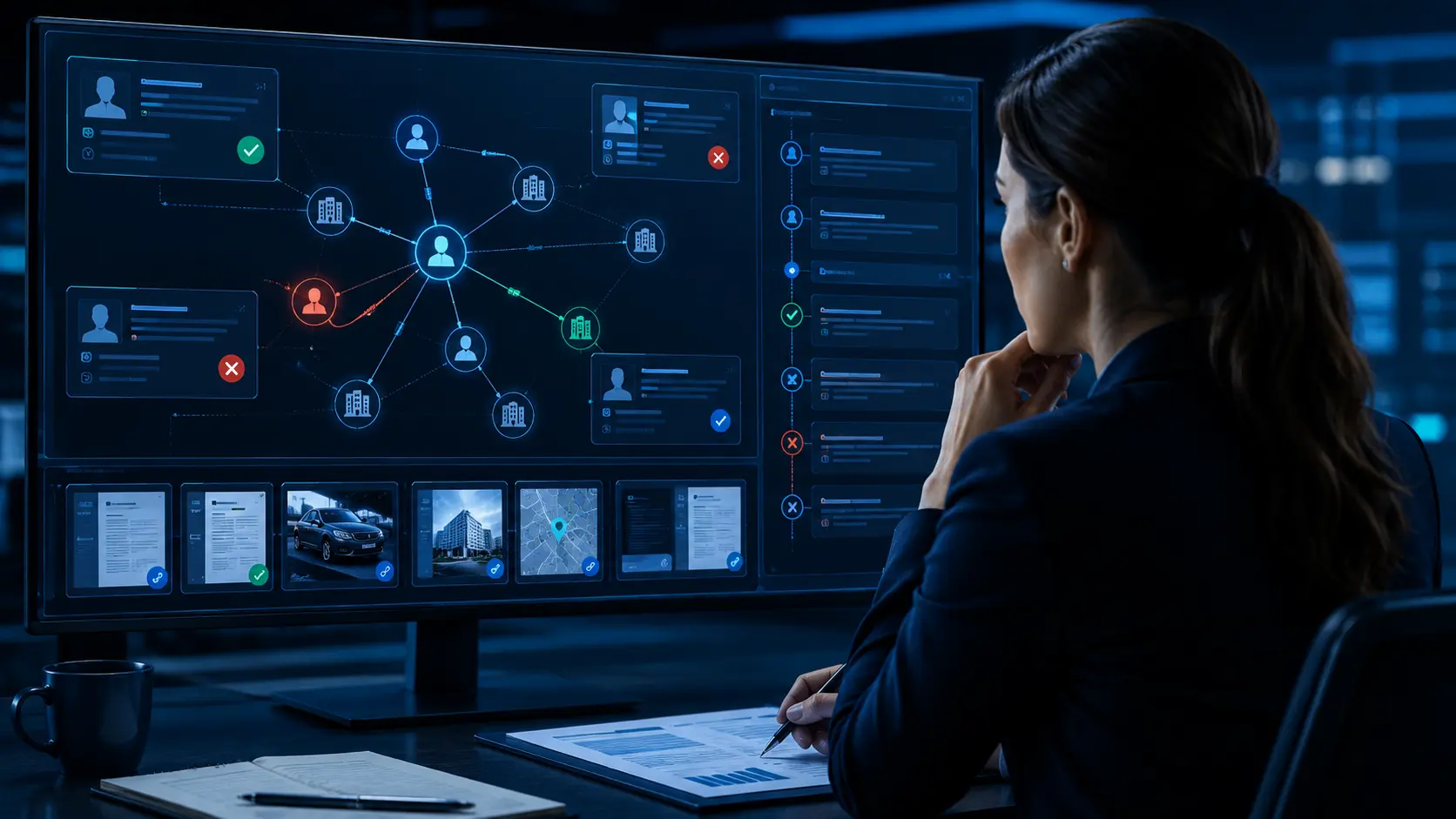 Law-enforcement analyst reviewing potential entity matches, conflicting records, supporting evidence, and rejected connections before validation.