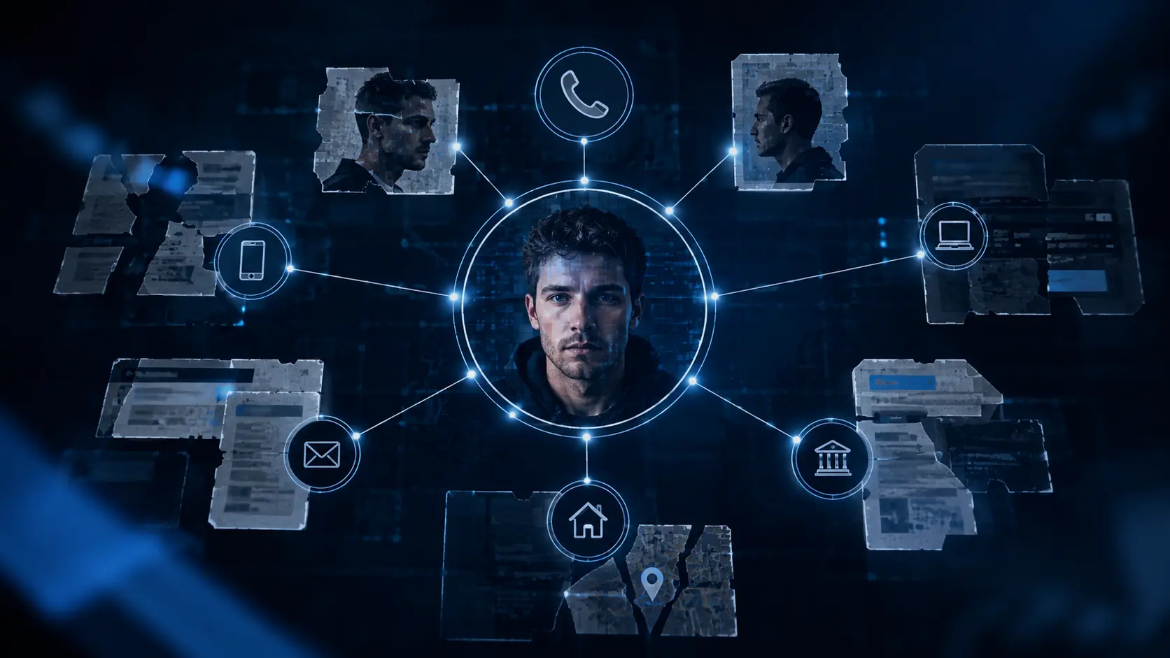 Conceptual entity-resolution network connecting one individual with fragmented phone, email, account, address, device, and identity records.