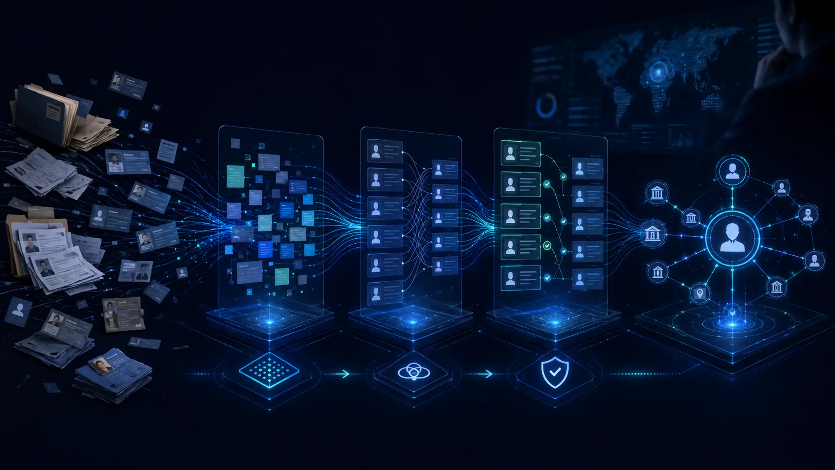 Entity-resolution workflow transforming fragmented investigation records into normalized, matched, corroborated, and validated entity profiles.