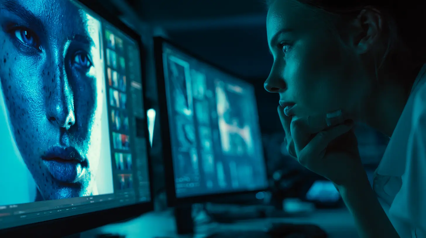 AI-generated face swap evidence being analyzed by a digital forensic investigator in a cybersecurity lab