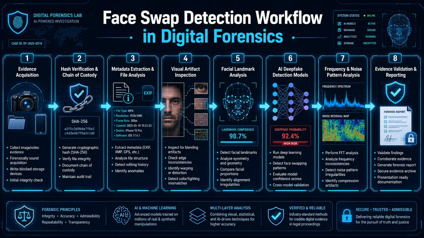 AI-powered face swap detection workflow used in digital forensics investigations.