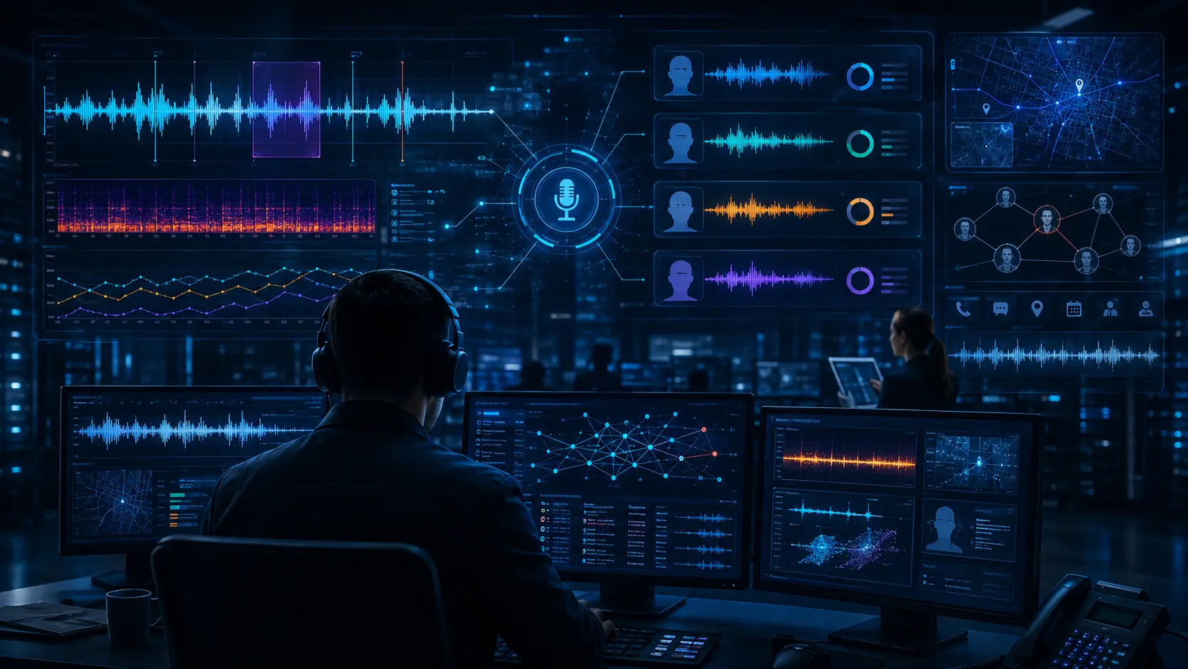 Forensic audio intelligence command center analyzing voice evidence for law enforcement investigations.