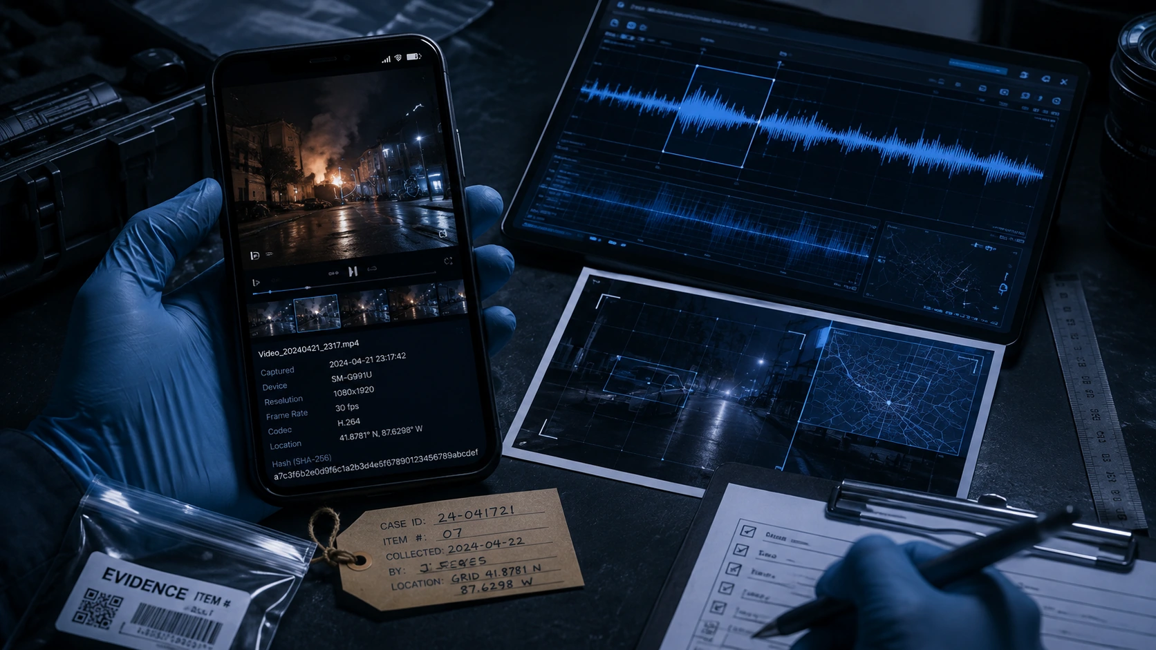 Forensic media verification workflow examining suspicious video, audio, and digital evidence during an investigation.