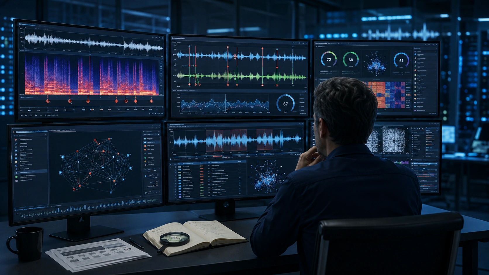 Digital forensic investigator reviewing audio waveforms, spectrograms, suspicious timestamps, and confidence indicators during deepfake audio analysis.