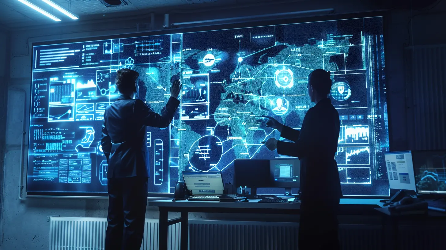 Law enforcement analysts reviewing a link analysis map connecting suspects, phone records, bank accounts, vehicles, and locations.