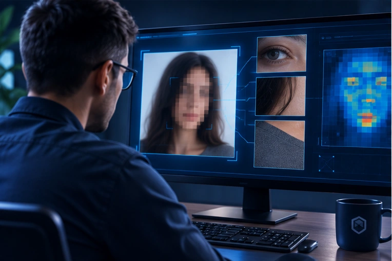 Forensic analyst examining facial boundaries, lighting, texture, and compositing indicators in a suspected manipulated image.