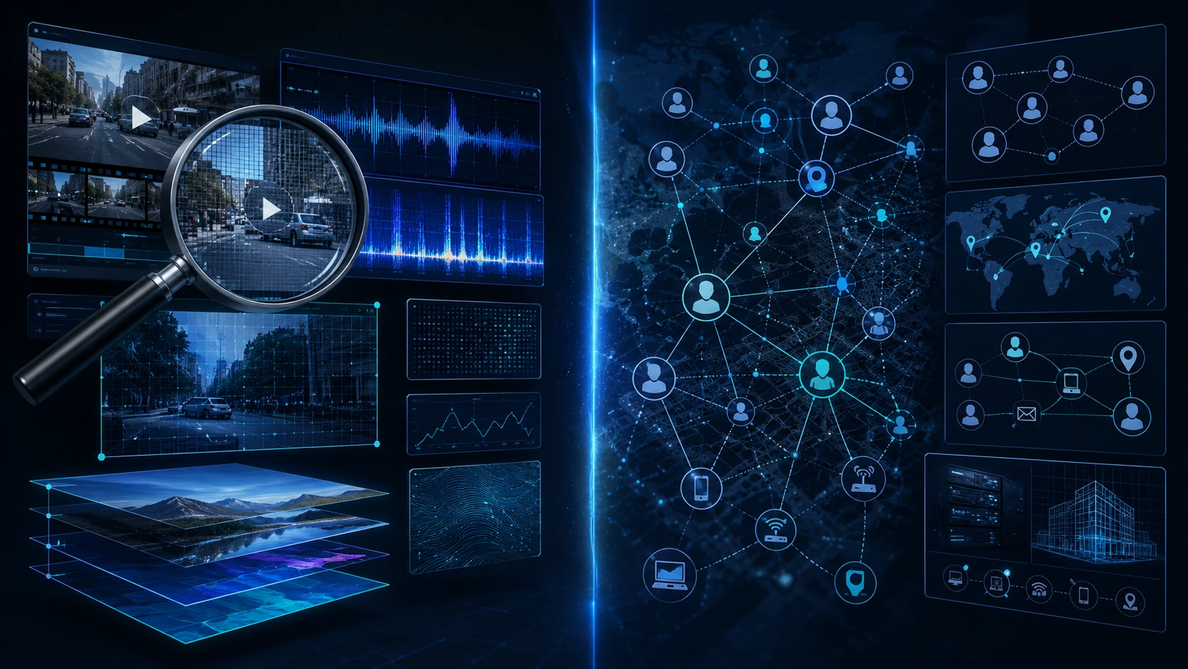 Comparison of media authenticity analysis and threat attribution using forensic media signals and connected intelligence data.