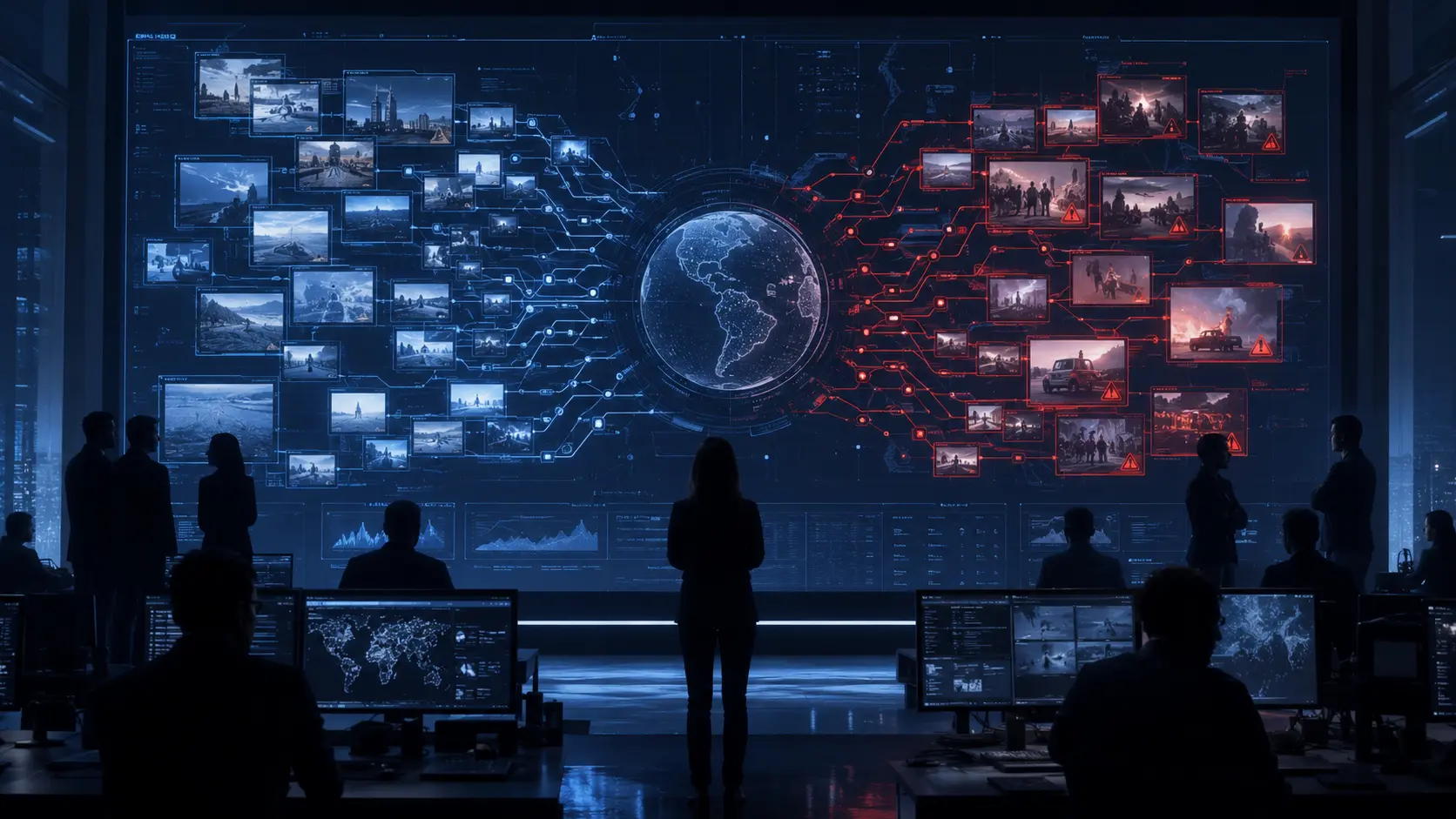 Digital trust visualization showing verified and suspicious media streams being analyzed by public institutions, media teams, and cybersecurity professionals.