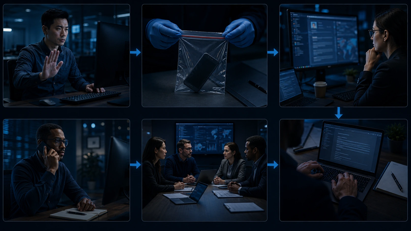 Enterprise workflow for pausing high-risk actions, preserving suspicious media, checking the source, verifying identity, escalating risk, and documenting outcomes.